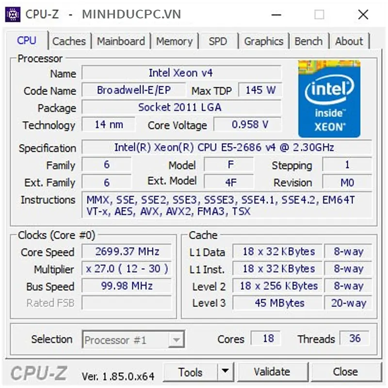 CPU Intel Xeon E5 2686 v4 (2.3GHz Turbo 3.0GHz | 18 Nhân 36 Luồng | 45MB Cache) 2