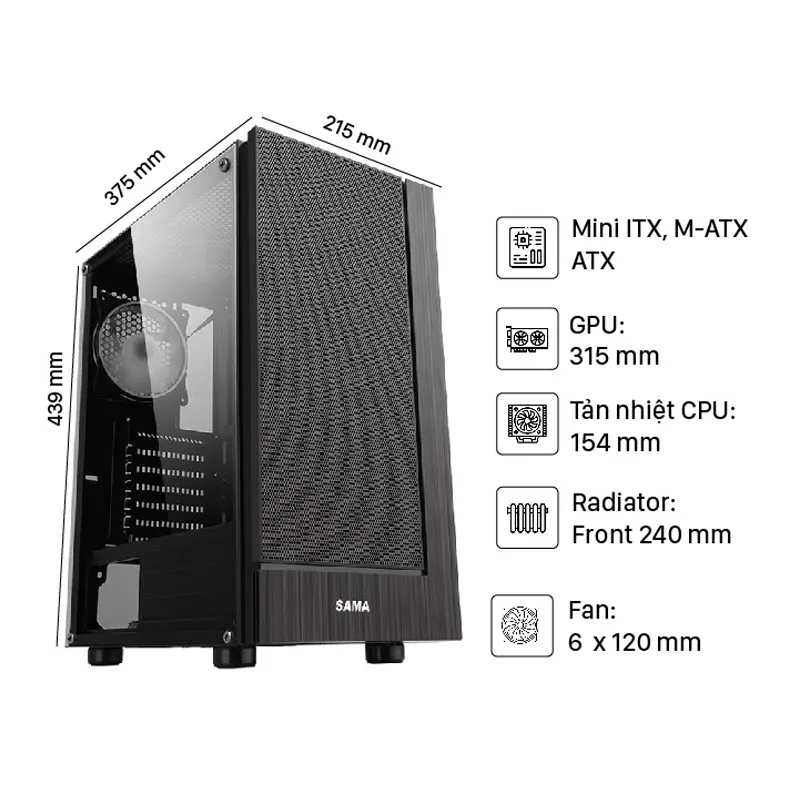 Vỏ Case SAMA 3301 Black (ATX/Mid Tower/3 Fan RGB) 6