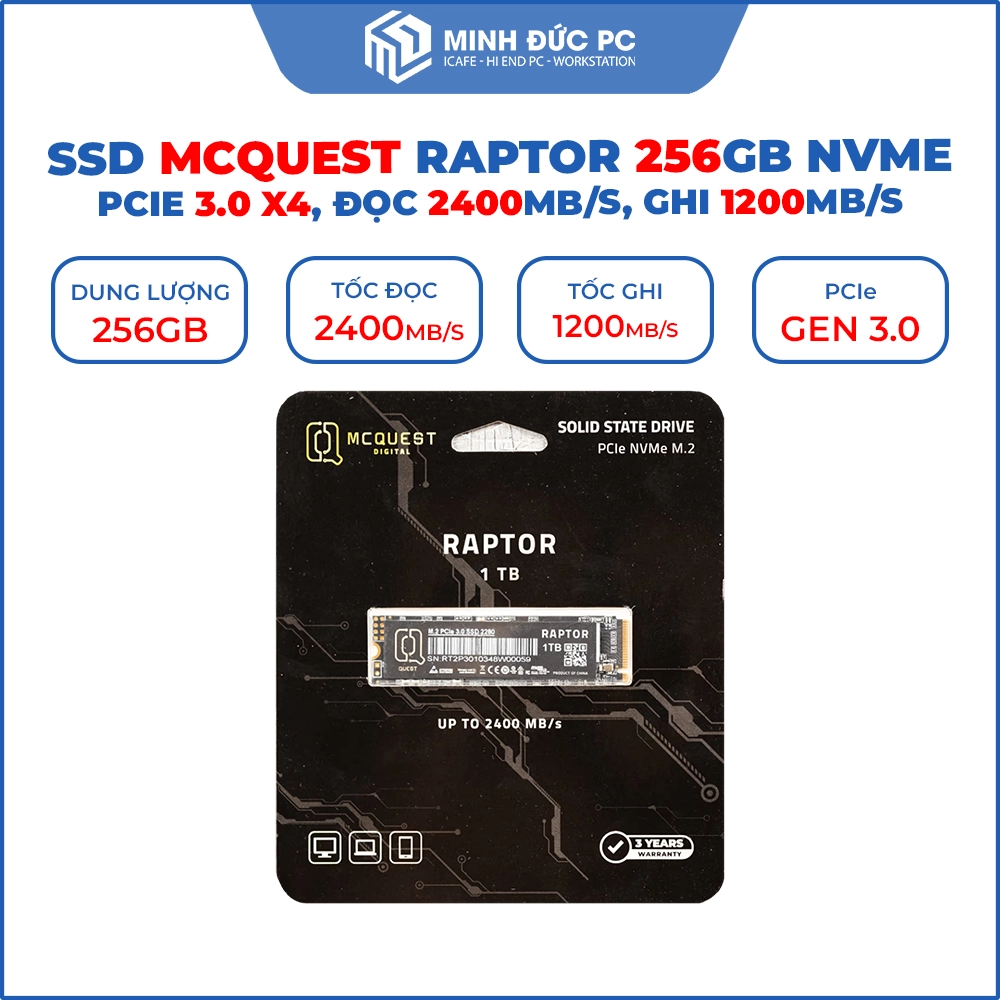 Ổ cứng SSD MCQUEST Raptor 256GB M.2 NVMe (PCIe 3.0 x4, Đọc 2400MB/s, Ghi 1200MB/s) 5